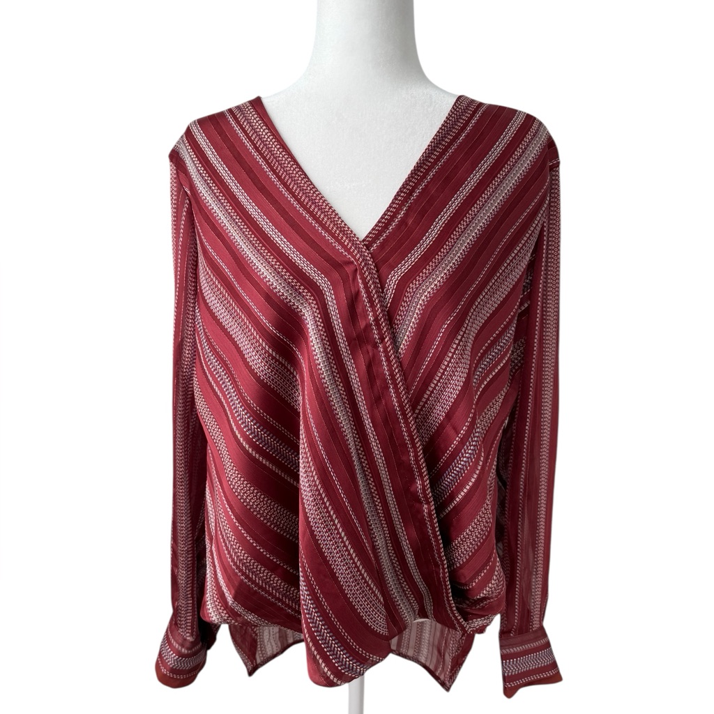 Dkny Wrap Style Striped Metallic Chiffon Surplice Blouse Long Sleeve Size Xl